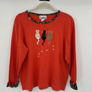 Ambra Orange Long Sleeve Crew Neck T Shirt Top Large Cheetah Trim Cats Applique